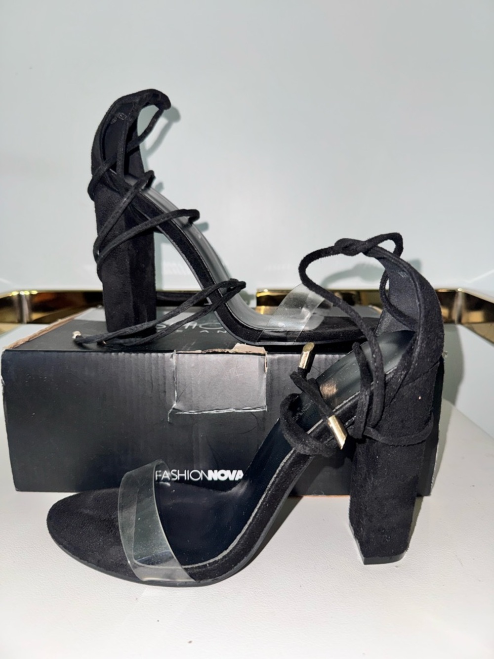 Fashion Nova Black Clear-Strap Lace-Up Block Heels